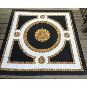 Vintage ECHO tablecloth Black Gold white baroque Medallion 60x63” rare Brazil